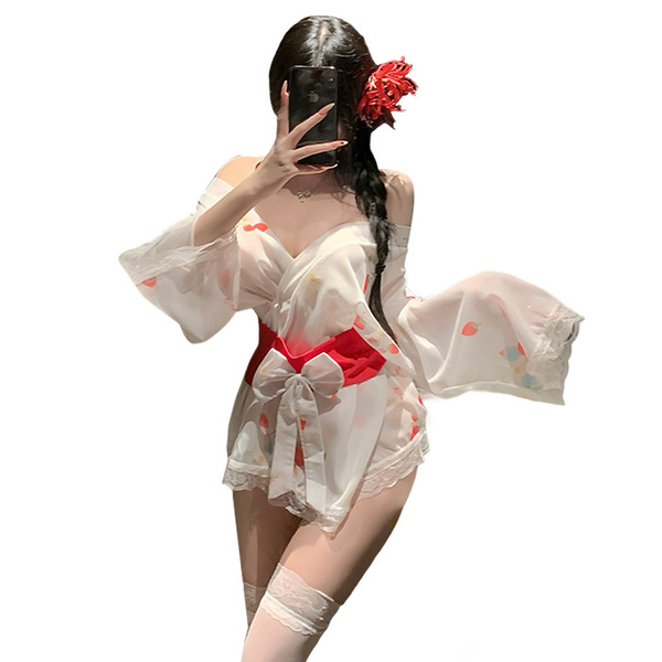 A woman poses in a sheer kimono-inspired uniform featuring floral patterns, accented with a red ribbon and lace details, embo...