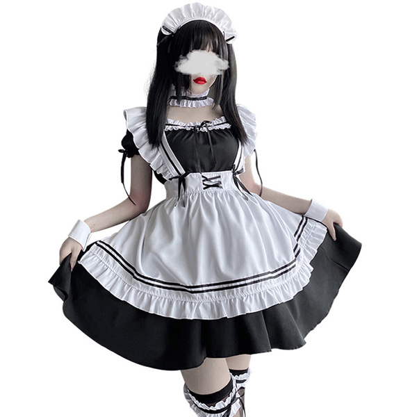 Sexy japanese maid costume with black and white apron design, perfect for cosplay and role play outfits.
