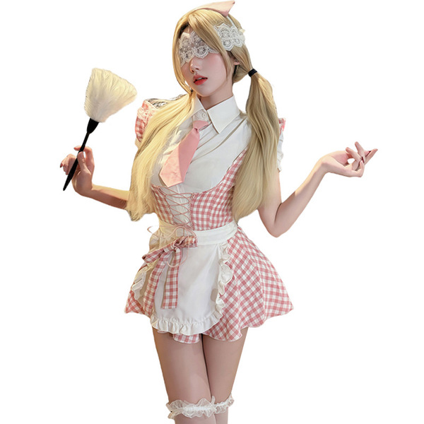 Elegant maid costume cosplay outfit featuring a checkered dress, lace accessories, and a feather fan, perfect for date night ...