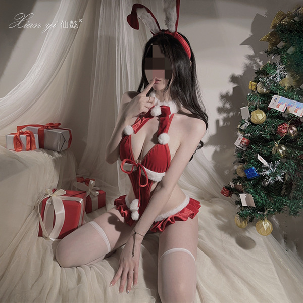 Sexy bunny costume for women - new year uniform bodysuit with open-crotch design, no-remove lingerie set