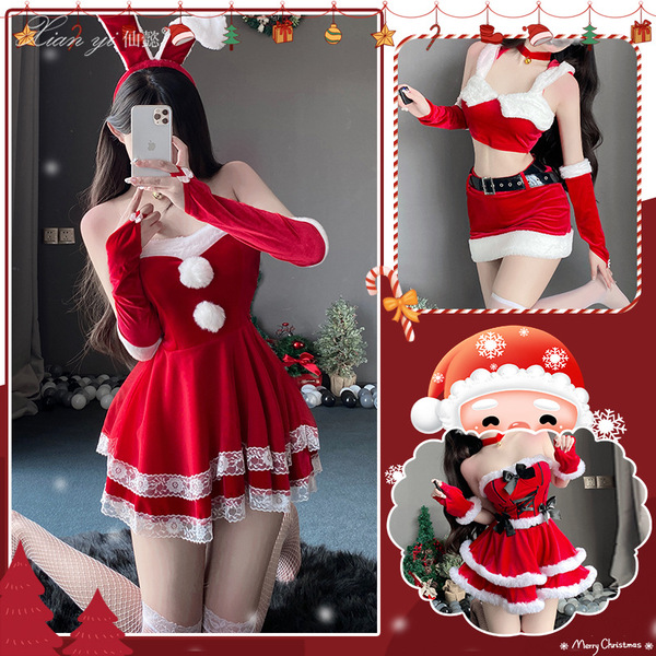 Sexy christmas bunny costume set - seductive holiday lingerie outfit for women, festive naughty dress with red and white desi...