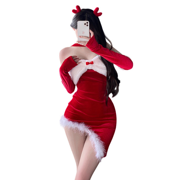 Sexy christmas bunny costume set - seductive holiday lingerie outfit for women, festive naughty dress with red velvet and fur...