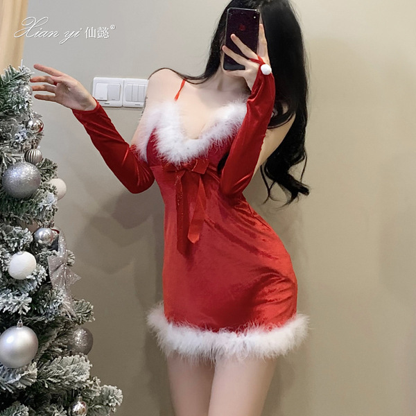 Sexy red christmas-themed lingerie set with fluffy trimmings, perfect for role play and festive bedroom outfits.