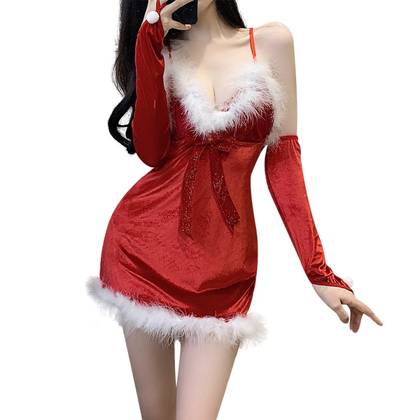 Sexy red christmas-themed lingerie set with fluffy white trim and long sleeves, perfect for role play and bedroom passion out...