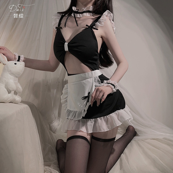 Sexy maid costume with black and white design, featuring ruffled details and thigh-high stockings, perfect for small busts se...