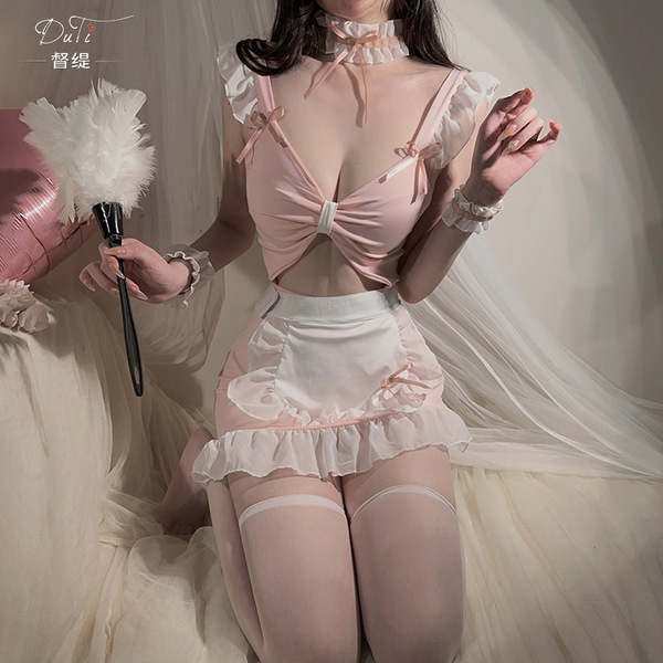 Sexy maid costume set featuring cute design, perfect for small bust, high-end flirty bodycon uniform outfit.