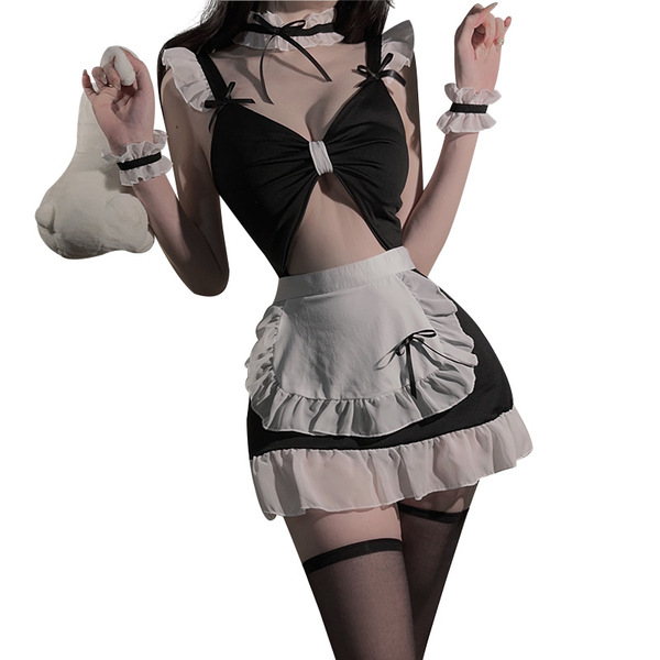 Sexy maid costume set featuring black and white design, high-end flirty bodycon outfit with ruffled details and stockings.
