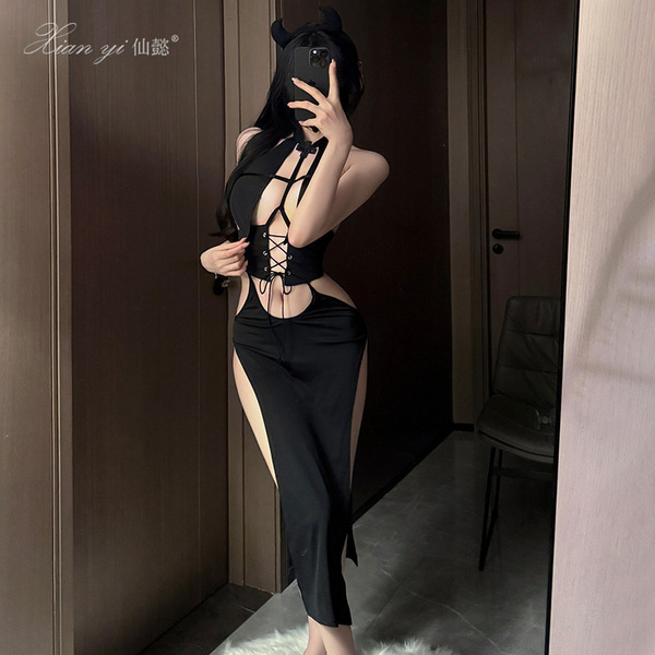 Sexy black bodysuit with lace-up design, revealing cutouts, perfect for halloween costumes or easy-on bedroom robes.