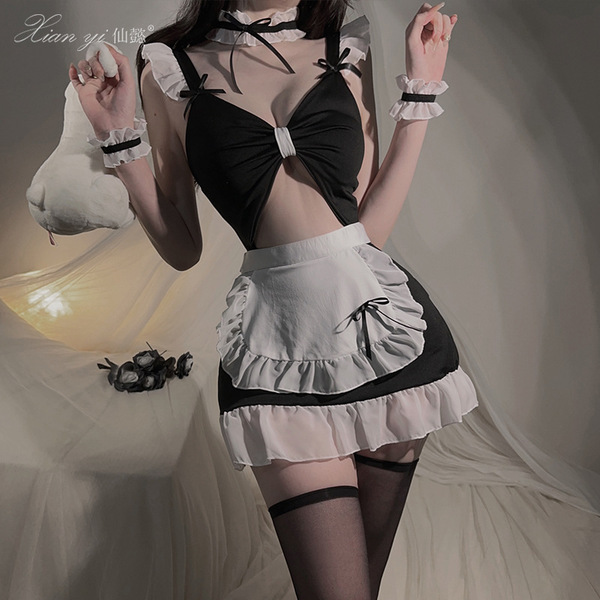 Sexy maid costume set featuring black and white design with ruffles, perfect for seductive elegance and bedroom outfits.