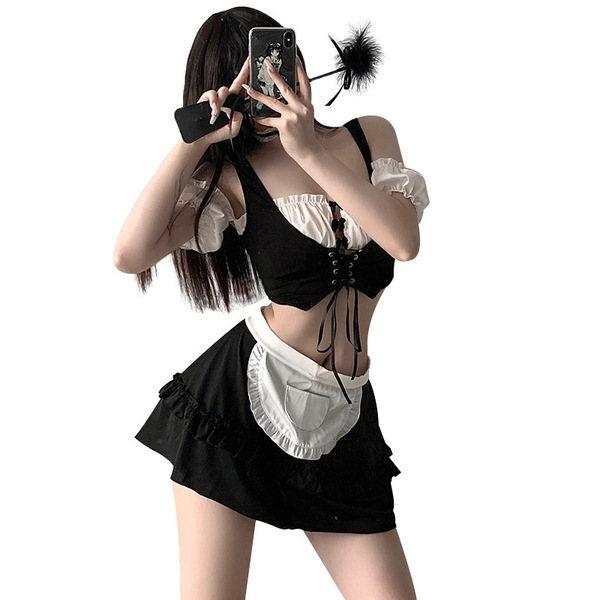 Sexy maid costume for women featuring a black and white outfit with ruffled details, perfect for cosplay or hot lingerie sets...