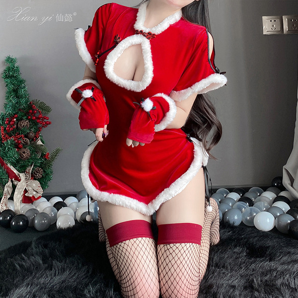 Sexy qipao lingerie set - christmas costume & new year outfit for women, featuring festive red and white design with fishnet ...