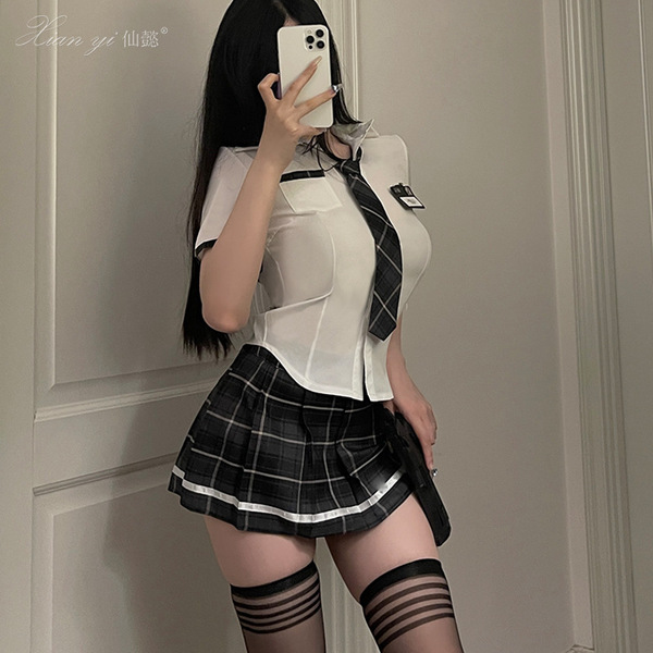 Sexy student-style jk uniform with plaid skirt and tie, white blouse, thigh-high stockings, perfect for women seeking a tight...