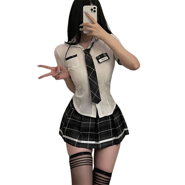 Sexy student-style jk uniform with plaid skirt and tie, perfect for womens tight-fitting seductive outfits available in plus ...