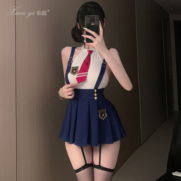 Woman in xianyi lingerie set with white top, red tie, blue skirt, and garter straps.