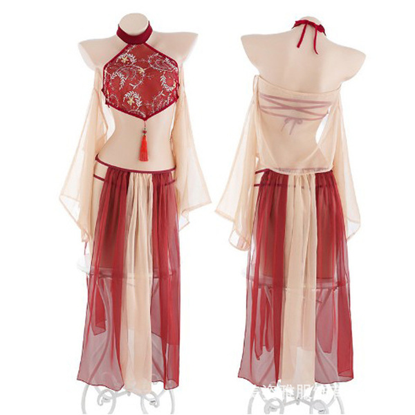 Plus Size Vintage Chinese Lingerie Set - Embroidered Hanfu Bodice & Cheongsam-Inspired Seductive Costume - Xiaoqian [bellyband + shawl + gauze skirt + thong]