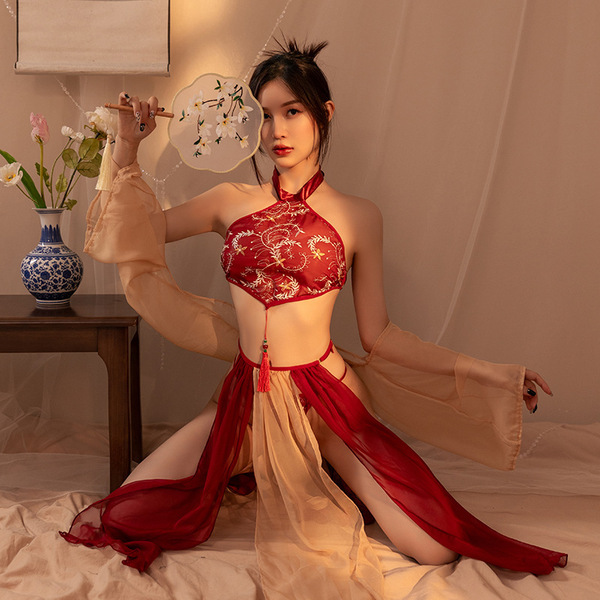 Seductive Hanfu Lingerie Set - Plus Size Ancient Chinese Style Busty Bodice & Matching Ensemble, Court-Inspired Erotic O - Xiaoqian [bellyband + shawl + gauze skirt + thong]