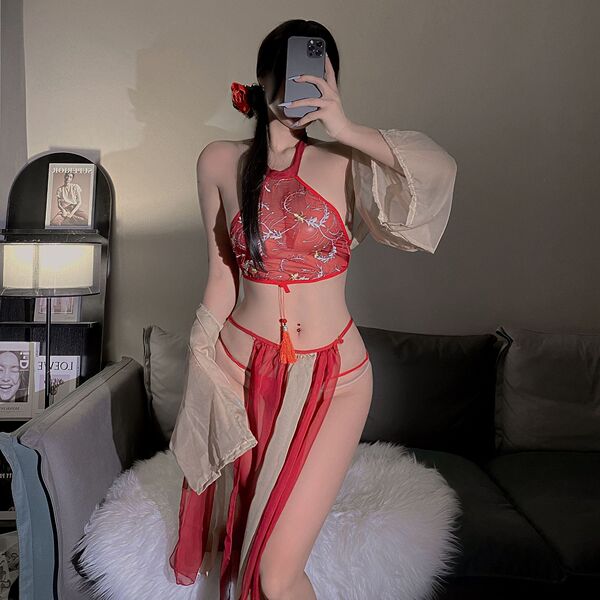 Vintage Chinese-Style Lingerie Set - Plus Size Silk Qipao Role Play Outfit for Sensual & Elegant Wear - Xiaoqian [Outerwear + Bellyband + Underwear + Striped Skirt]