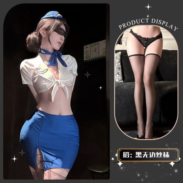 Golden Night Air Hostess Lingerie Set - Sexy Uniform Style Bodysuit with Sheer Mesh & High-Waisted Skirt - Xiaoyun Lianmian*Blue + Black Boundless Stockings