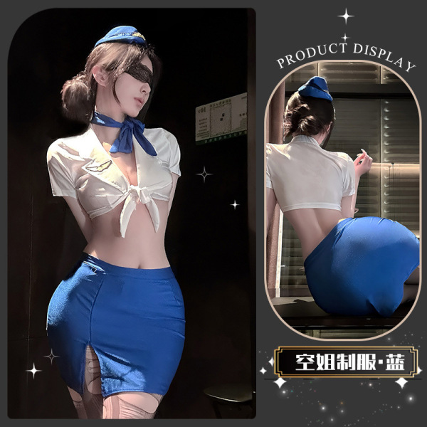 Golden Night Air Hostess Lingerie Set - Sexy Uniform Style Bodysuit with Sheer Mesh & High-Waisted Skirt - Xiaoyun Lianmian*Blue [Top + Skirt + Hat + Scarf]