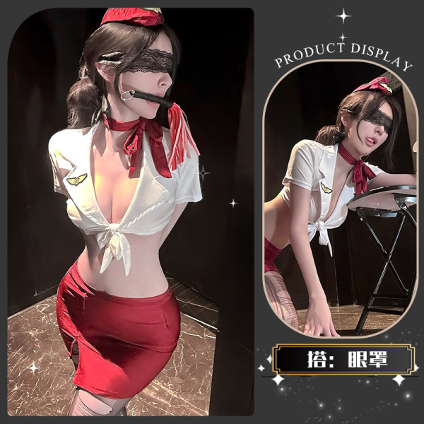 Golden Night Air Hostess Lingerie Set - Sexy Uniform Style Bodysuit with Sheer Mesh & High-Waisted Skirt - Xiaoyun Lianmian*Red + Eye Mask