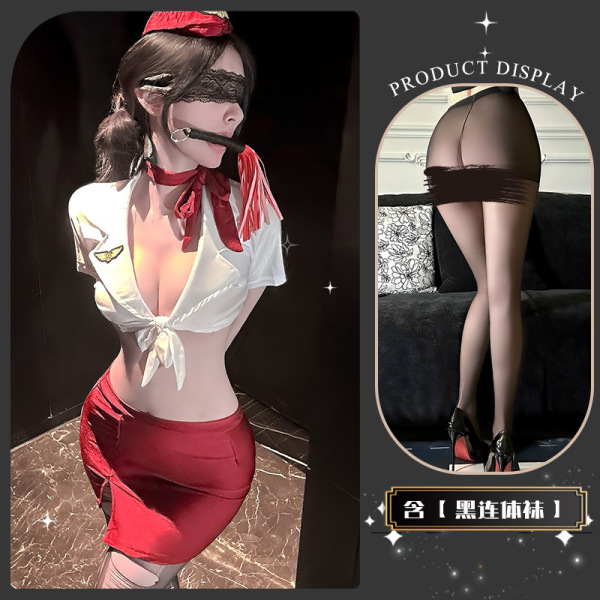 Golden Night Air Hostess Lingerie Set - Sexy Uniform Style Bodysuit with Sheer Mesh & High-Waisted Skirt - Xiaoyun Lianmian*Red and Black Bodysuit