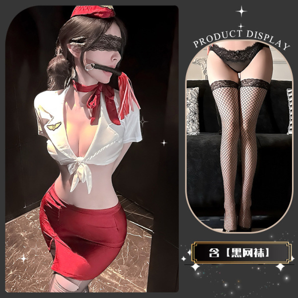 Golden Night Air Hostess Lingerie Set - Sexy Uniform Style Bodysuit with Sheer Mesh & High-Waisted Skirt - Xiaoyun Lianmian*Red + Black Fishnet Stockings