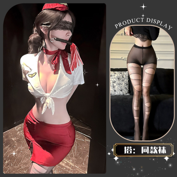 Golden Night Air Hostess Lingerie Set - Sexy Uniform Style Bodysuit with Sheer Mesh & High-Waisted Skirt - Xiaoyun Lianmian*Red + Matching Socks