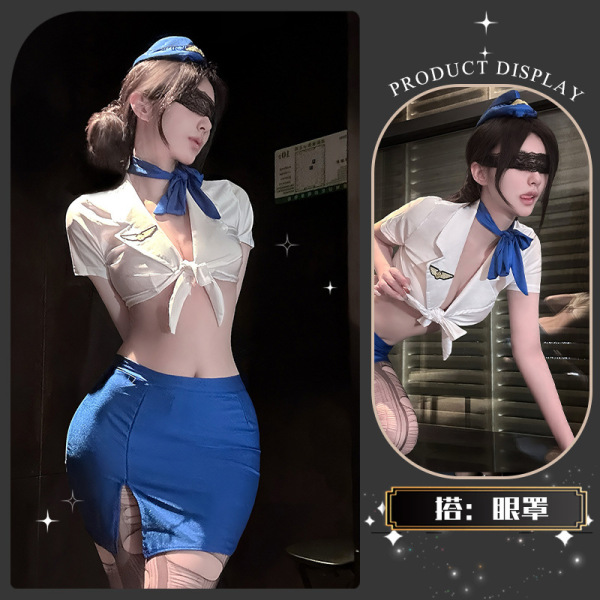 Golden Night Air Hostess Lingerie Set - Sexy Uniform Style Bodysuit with Sheer Mesh & High-Waisted Skirt - Xiaoyun Lianmian*Blue + Eye Mask