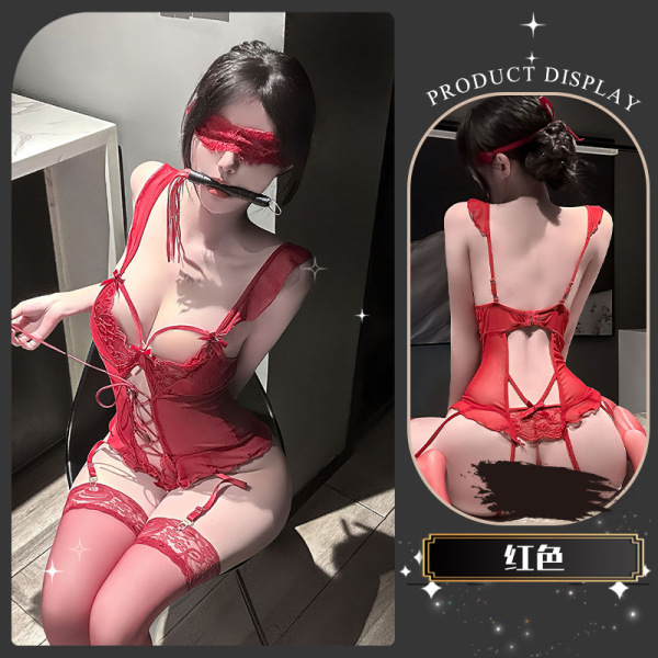 Chaomu Lace Butterfly Tie-Up Lingerie Set - Seductive Pure-Yu Style Women's Sensual Intimate Apparel - Xiaozhi Lazy [Red] + Matching Socks + Eye Mask