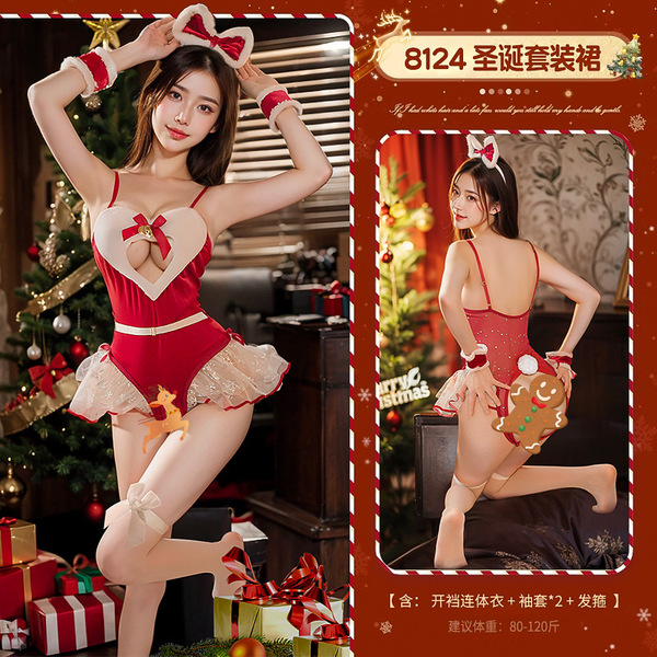 Red Christmas Sexy Lingerie Set for Women - Holiday Bedtime Costume & Cosplay Outfit - Sparkling Christmas Set [Jumpsuit + 2 Bracelets + Headband]