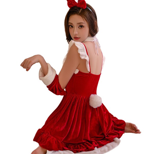 Sexy red velvet christmas lingerie set with fluffy pom-pom details, perfect for new year parties and role play. pure temptati...