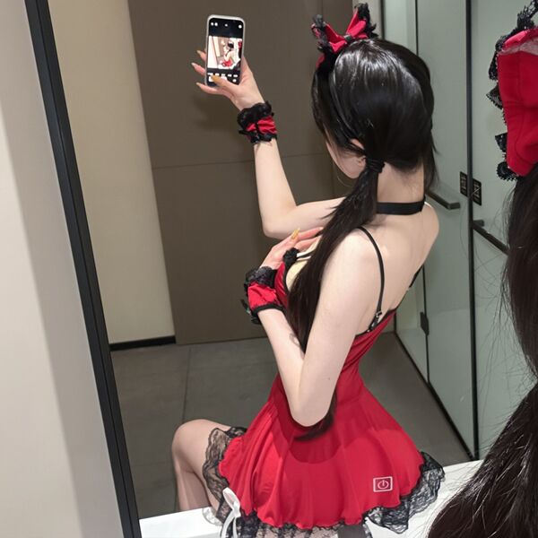 A woman poses in a red xishi seductive lingerie set, featuring a cute maid costume with lace details, perfect for couples pla...