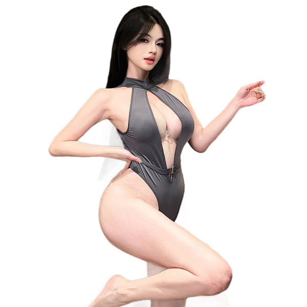 Woman wearing gray xiucisha sheer bodysuit with neck strap and open-crotch design, posing seductively.