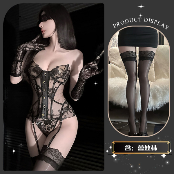 QingShe Embroidered Lingerie Set – Pure-Yet-Sensual Shapewear Bra & Thong with Adjustable Straps, Elegant Forbidden-Chic - Slimming Bones + Matching Stockings + Blindfold + Gloves + Bell