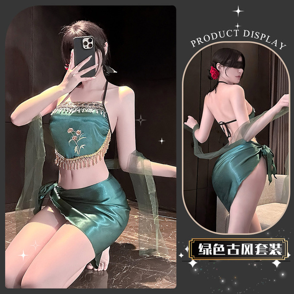 Pure & Alluring Women's Exotic Strapless Lingerie Set – Seductive Sheer Mesh Bra and Matching Briefs for Date Night - The Western Regions are lush and verdant~ [Tassel halter top + skirt + shawl]