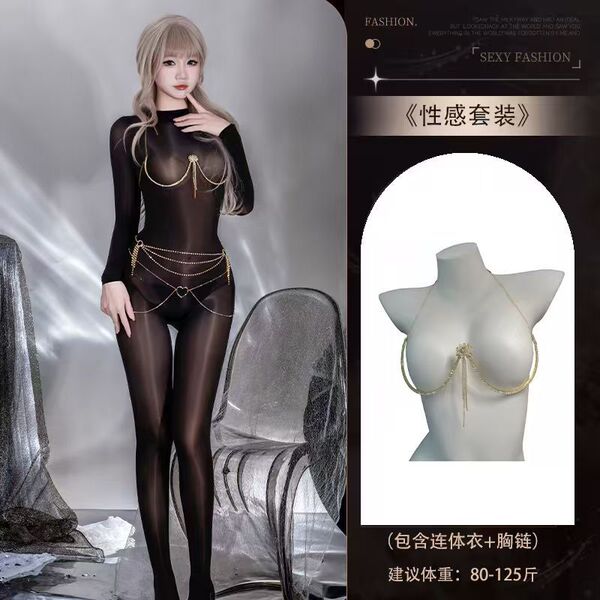 Glowing Sheer Bodysuit for Women - Ultra-Thin Shiny Sexy One-Piece Lingerie Set - Y003 Set + [8113 Chest Necklace]