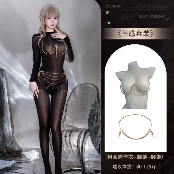 Glowing Sheer Bodysuit for Women - Ultra-Thin Shiny Sexy One-Piece Lingerie Set - Y003 Set + [8113 Chest Chain + Waist Chain]