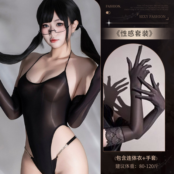 Sexy Seamless Lingerie Bodysuit – Sheer Tight Mesh Tank Top & Stocking Combo for Women, Plus Size & All-Day Comfort - Y006+ [N74 Rhinestone Underwear + 8084 Lace-Trimmed Glossy Black Gloves]