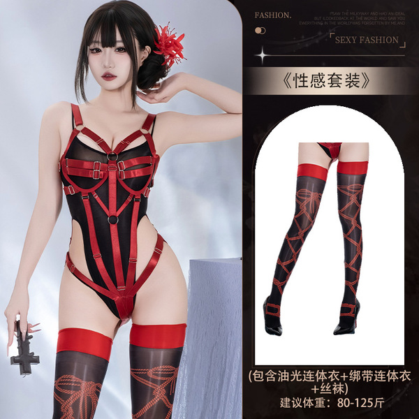 Seductive Lace-Trimmed Underwire Backless Bodysuit - Shiny Satin Sexy Lingerie for Women - Y006+4024 Set + [Tie-up Pattern Stockings]