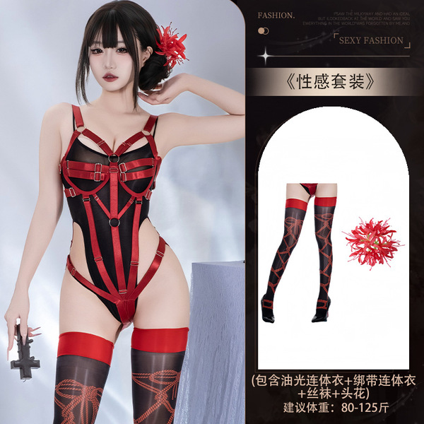 Seductive Lace-Trimmed Underwire Backless Bodysuit - Shiny Satin Sexy Lingerie for Women - Y006+4024 Set + [Tie-up Pattern Stockings + Red Hair Accessory]