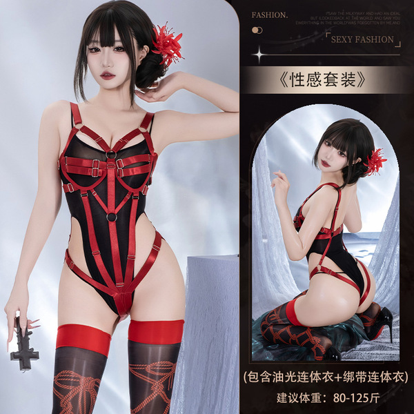 Seductive Lace-Trimmed Underwire Backless Bodysuit - Shiny Satin Sexy Lingerie for Women - Y006+4024 Set [Y006 Glossy Bodysuit + Red Lace-up Bodysuit]