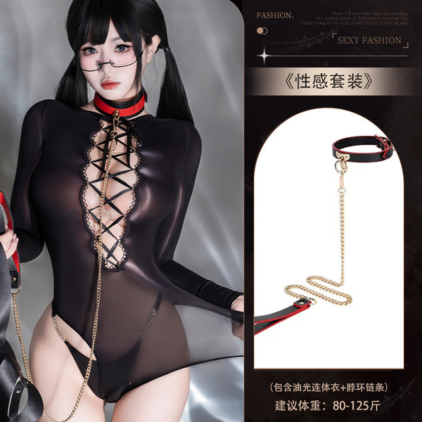 Sensual Sheer Shiny Bodysuit - Ultra-Thin High-Cut Oil-Slick Lingerie Set with Glossy Finish - Y011 Onesie + [Neck Ring Leash]