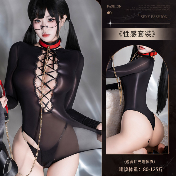 Sensual Sheer Shiny Bodysuit - Ultra-Thin High-Cut Oil-Slick Lingerie Set with Glossy Finish - Y011 Glossy Bodysuit