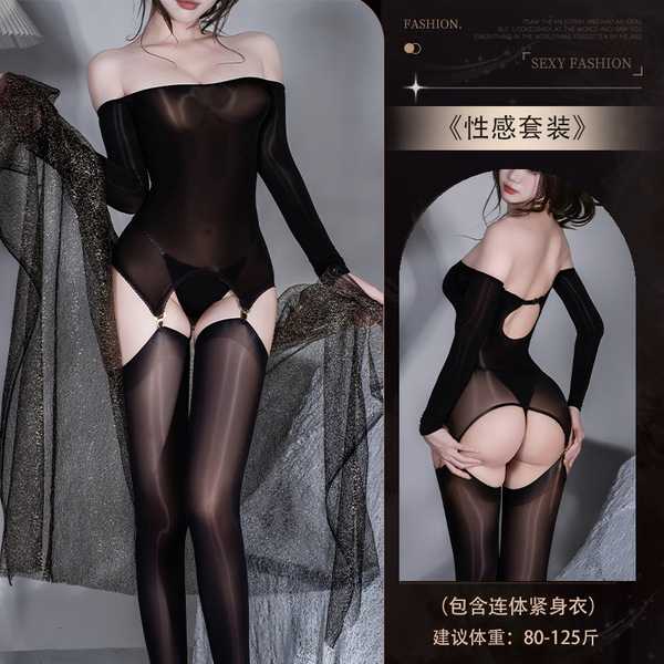 Xiyun Sexy Off-Shoulder Bodysuit with Sheer Mesh & High-Waisted Stockings Set for Women - Y013 Black Suit [Black Horseskin Sheen Bodysuit]