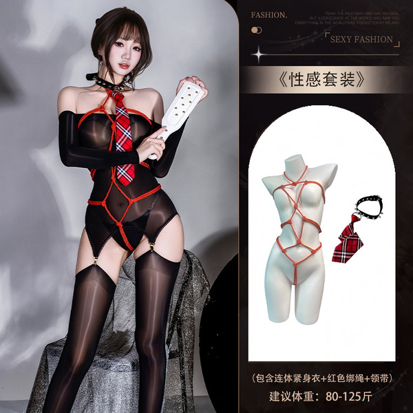 Xiyun Sexy Off-Shoulder Bodysuit with Sheer Mesh & High-Waisted Stockings Set for Women - Y013 Suit + [8105 Red Ribbon + 8126 Tie and Choker]