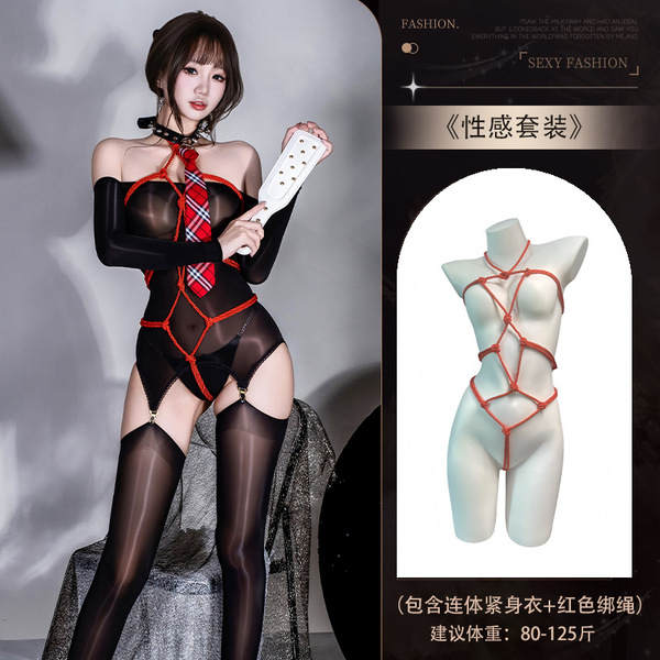 Xiyun Sexy Off-Shoulder Bodysuit with Sheer Mesh & High-Waisted Stockings Set for Women - Y013 Set + [8105 Red Ribbon]