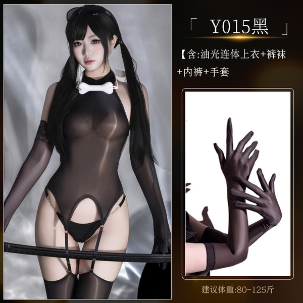 Ultra-Thin Horse Oil High-Cut Bodysuit with Sheer Black Stockings & Open-Crotch Design for Women - Y015 Set + [N74 Rhinestone Panties + 8084 Lace-Trimmed Black Long Gloves]