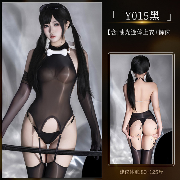 Ultra-Thin Horse Oil High-Cut Bodysuit with Sheer Black Stockings & Open-Crotch Design for Women - Y015 Set [Black Horseshoe Gloss Bodysuit + Tights]