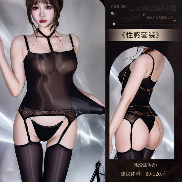 Guiyun 6D Shiny Black Stockings Bodysuit - Oil-Sheen Pure-Temptation Slip-On Tight Lace-Up Bodysuit for Women - Y024 Black Set [Horse Oil Bodysuit with Socks]