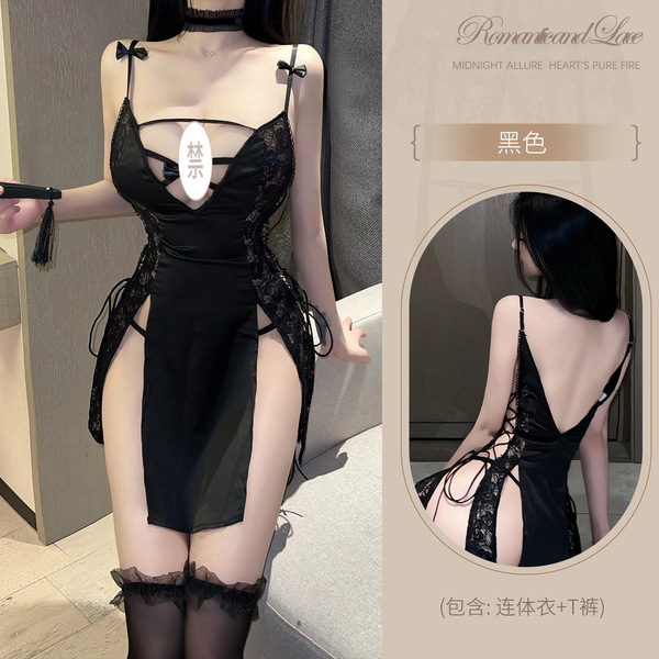 Lily Sexy Lace High-Waist Slit Cheongsam-Style No-Remove Tight Passion Lingerie Set - Y027